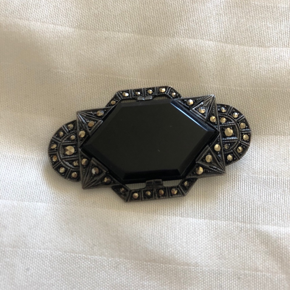 Artisan Black Onyx Marcasite Brooch pin - Picture 2 of 5